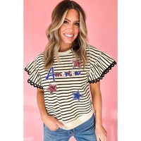 Black Stripe Sequin America Star Graphic Ric Rac Flutter Sleeve Blouse - L thumbnail