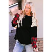 Azura Exchange Lantern Sleeve Plaid Sequin Pullover Sweatshirt - M thumbnail
