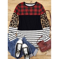 Plaid Print Leopard Splicing Striped Color Block Long Sleeve Top - L thumbnail