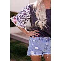 Azura Exchange Leopard Floral Patchwork Ruffle Bell Sleeve Top - M thumbnail