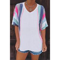 Azura Exchange Patchwork V Neck T-Shirt with Stripe Detail - L thumbnail