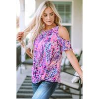 Azura Exchange Lavender Floral Print Cold Shoulder Blouse - M thumbnail