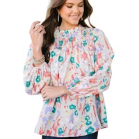 Multicolor Printed Frilled Neck Smocked Loose Blouse - L thumbnail