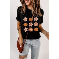 Black Pumpkin Flower Print Short Sleeve Graphic Top - L thumbnail