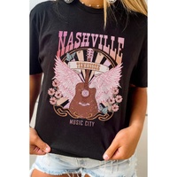 Black NASHVILLE Music City Graphic Print Short Sleeve Top - XL thumbnail