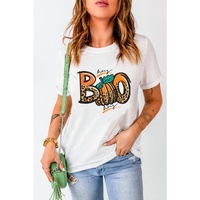 White BOO Pumpkin Leopard Print Crew Neck T Shirt - M thumbnail