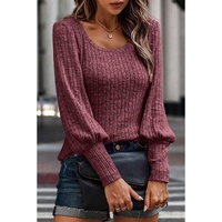 Mineral Red Ribbed Bishop Sleeve Round Neck Top - L thumbnail