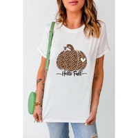 White Hello Fall Leopard Pumpkin Graphic T Shirt - XL thumbnail