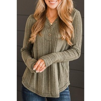 Jungle Green V Neck Buttoned Ribbed Knit Top - L thumbnail