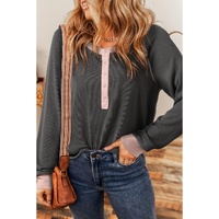 Carbon Grey Textured Contrast Stitching Henley Top - L thumbnail