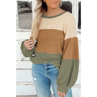 Green Stripe Textured Color Block Bubble Sleeve Baggy Top - S thumbnail