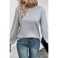 Gray Contrast Ribbed Bishop Sleeve Top - L thumbnail