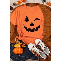 Orange Halloween Pumpkin Face Print Crew Neck T Shirt - S thumbnail