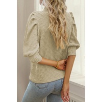Apricot Vintage Textured Puff Sleeve Mock Neck Top - L thumbnail