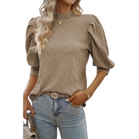 Simply Taupe Vintage Textured Puff Sleeve Mock Neck Top - L thumbnail