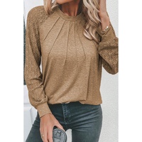 Light French Beige Contrast Lace Raglan Sleeve Plicate Round Neck Top - S thumbnail