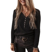 Black Buttoned V Neck Long Sleeve Ribbed Top - M thumbnail