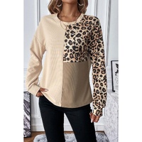 Pale Khaki Leopard Colorblock Waffle Knit Top - M thumbnail
