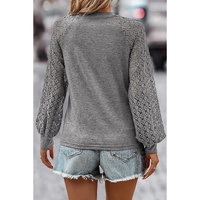 Gray Contrast Lace Raglan Sleeve Plicated Knit Top - S thumbnail