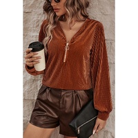 Chestnut Half Zip V Neck Ribbed Velvet Top - S thumbnail