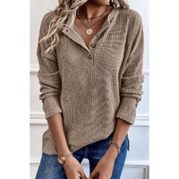 Pale Khaki Rib Textured Henley Knit Top - L thumbnail