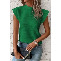 Dark Green Wavy Textured Mock Neck Cap Sleeve Top - XL thumbnail