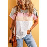 White Ribbed Color Block Patchwork T-shirt - L thumbnail