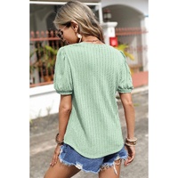 Mist Green Textured Round Neck Short Puff Sleeve Top - L thumbnail