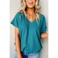 Blue Sapphire Crinkled V Neck Wide Sleeve T-shirt - M thumbnail