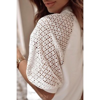 White Pointelle Lace Half Sleeve Crew Neck Tee - M thumbnail