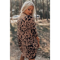 Brown Leopard Print V Neck Half Sleeve Oversized Tee - L thumbnail