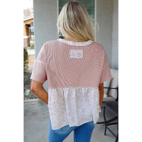 Pink Waffle Floral Patchwork Exposed Seam Detail Short Sleeve Top - L thumbnail