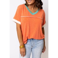 Grapefruit Orange Contrast Trim Exposed Seam V Neck T-shirt - S thumbnail