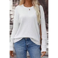 White Round Neck Drop Shoulder Textured Knit Top - S thumbnail