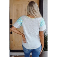 White Stripe Floral Insert Sleeves Contrast Round Neck Tee - L thumbnail
