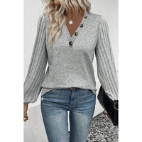 Azura Exchange Light Grey Buttoned V Neck Ribbed Puff Sleeve Top - S thumbnail