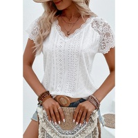 White Sheer Lace Short Sleeves Eyelet Embroidered Tee - S thumbnail