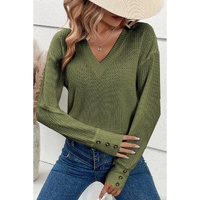 Jungle Green Textured Knit V Neck Button Cuffs Long Sleeve Top - S thumbnail
