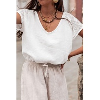 White Lace Crochet Textured Button Back V Neck T Shirt - XL thumbnail