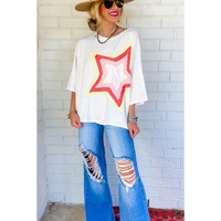 White Colorblock Star Patched Half Sleeve Oversized Tee - M thumbnail