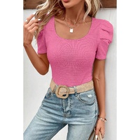 Bright Pink Waffle Knit Ruched Puff Sleeve Top - L thumbnail