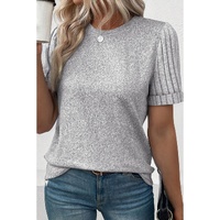 Gray Ribbed Splicing Sleeve Round Neck T-shirt - S thumbnail