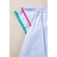 Sky Blue Stripe Ricrac Trim Split Neck Striped Ruffled Sleeve Blouse - L thumbnail