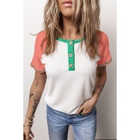 White Colorblock Textured Raglan Sleeve Henley T shirt - S thumbnail