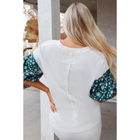 White Contrast Floral Puff Sleeve Oversized Top - L thumbnail