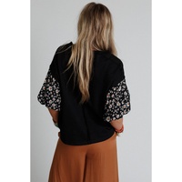Black Contrast Floral Puff Sleeve Oversized Top - S thumbnail