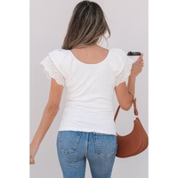 White Eyelet Ruffle Sleeve Slim Fitted Top - 2XL thumbnail