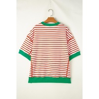 Orange Stripe Oversized Contrast Trim Exposed Seam High Low T Shirt - L thumbnail