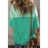 Bright Green Contrast Color Patchwork Half Button T Shirt - M thumbnail