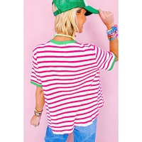 Rose Stripe Contrast Trim Crew Neck Loose Short Sleeve Top - L thumbnail